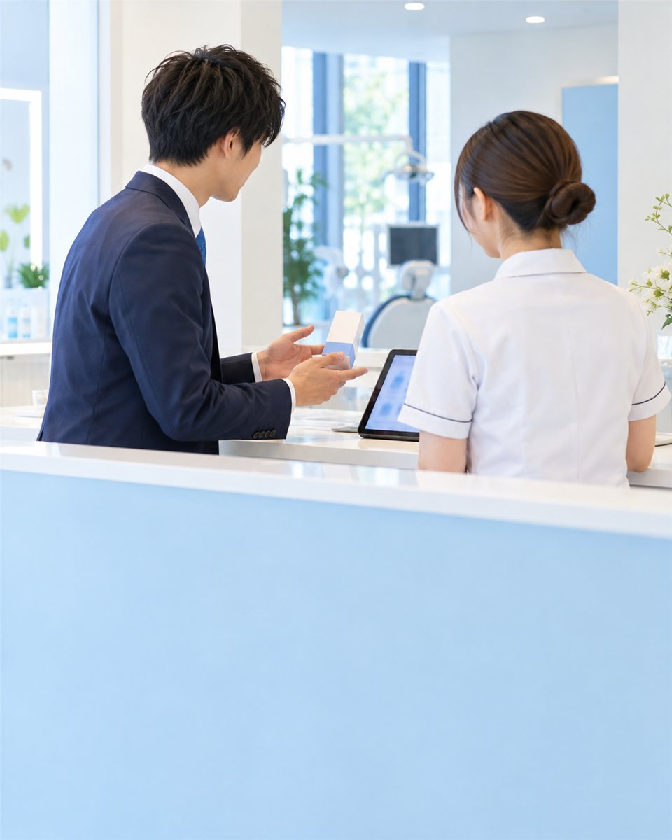 医院の受付で商品を説明する若手営業