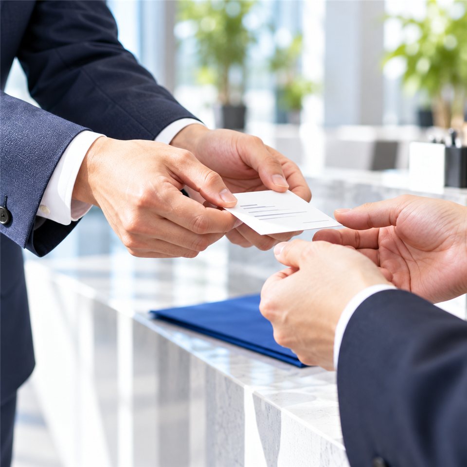 名刺を両手で差し出す新人営業の手元