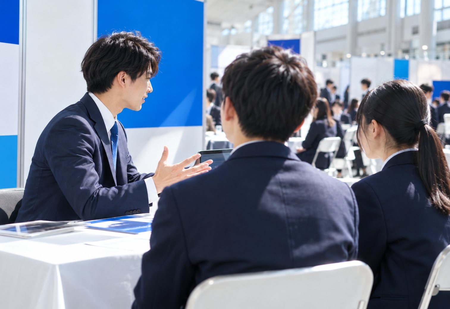 合同企業説明会のブースで高校生に語る若手社員